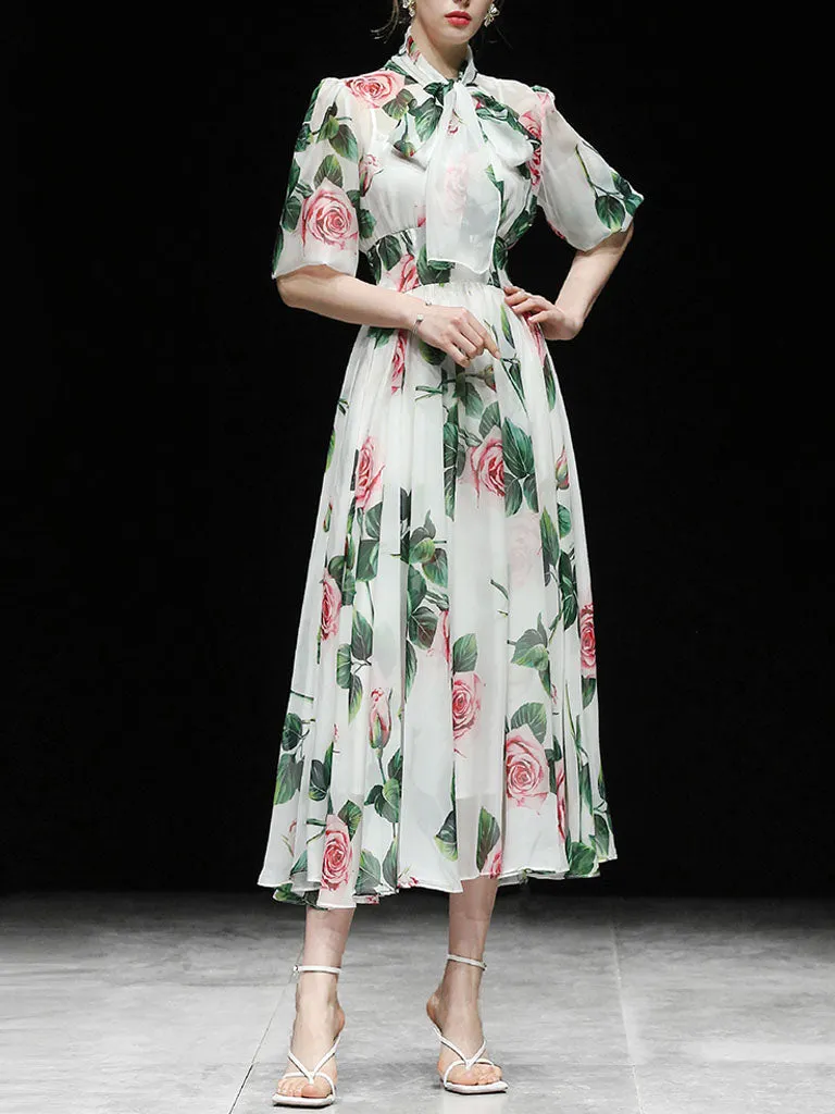 Big Bowknot Tropical Rose Print Maxi Dress