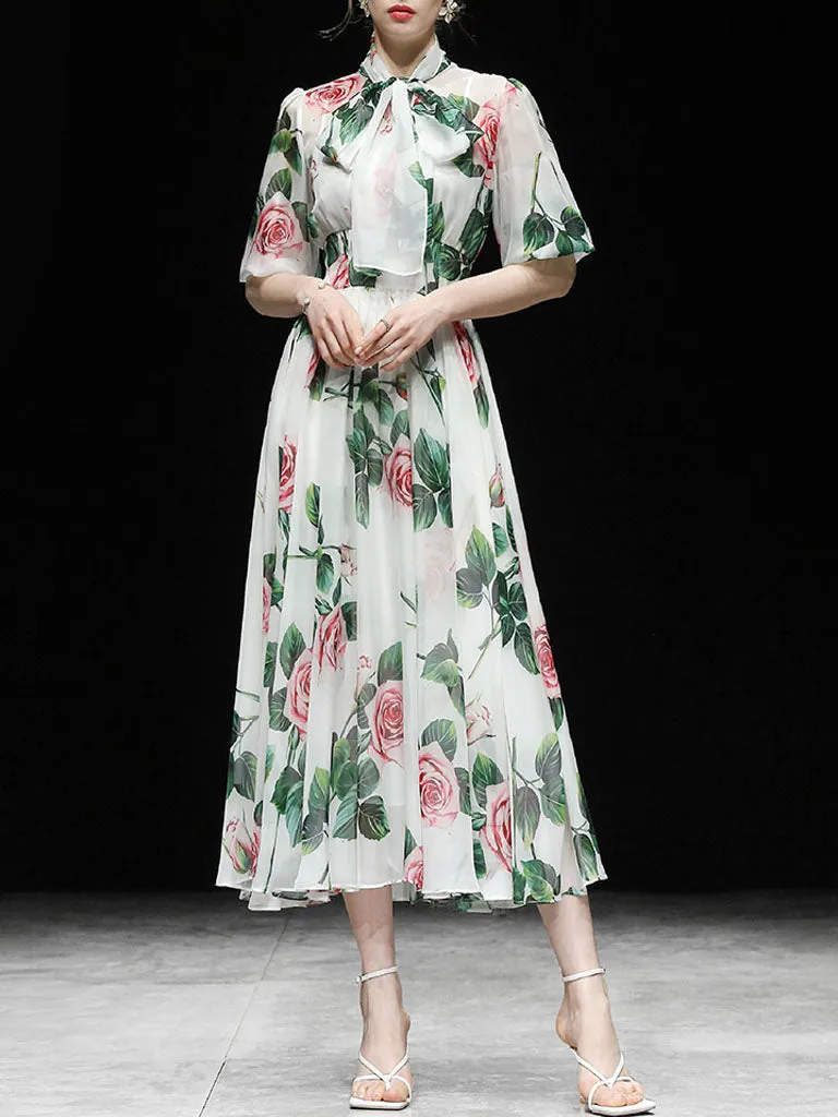 Big Bowknot Tropical Rose Print Maxi Dress
