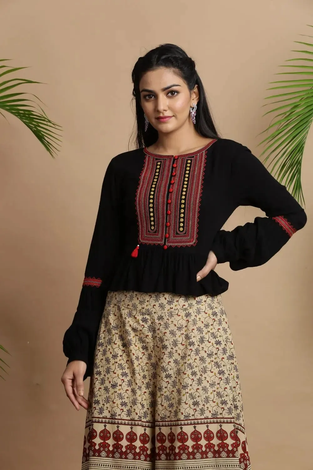 Black Cambric Embroidered Peplum Crop-Top With Palazzo