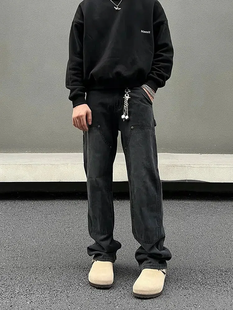 Black Denim Overalls Straight Jeans