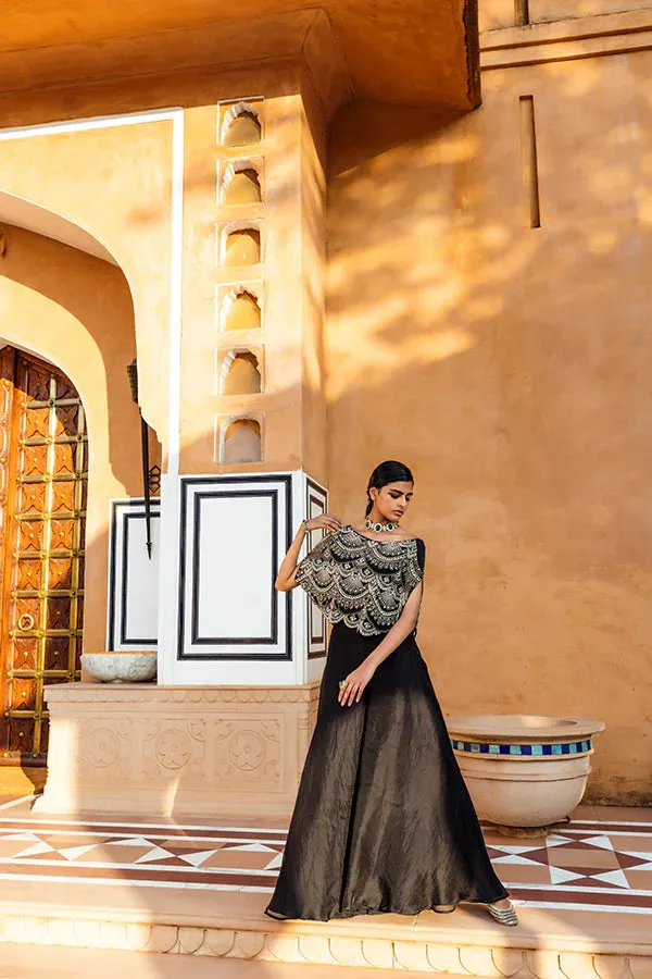 Black Embellished Cape Set