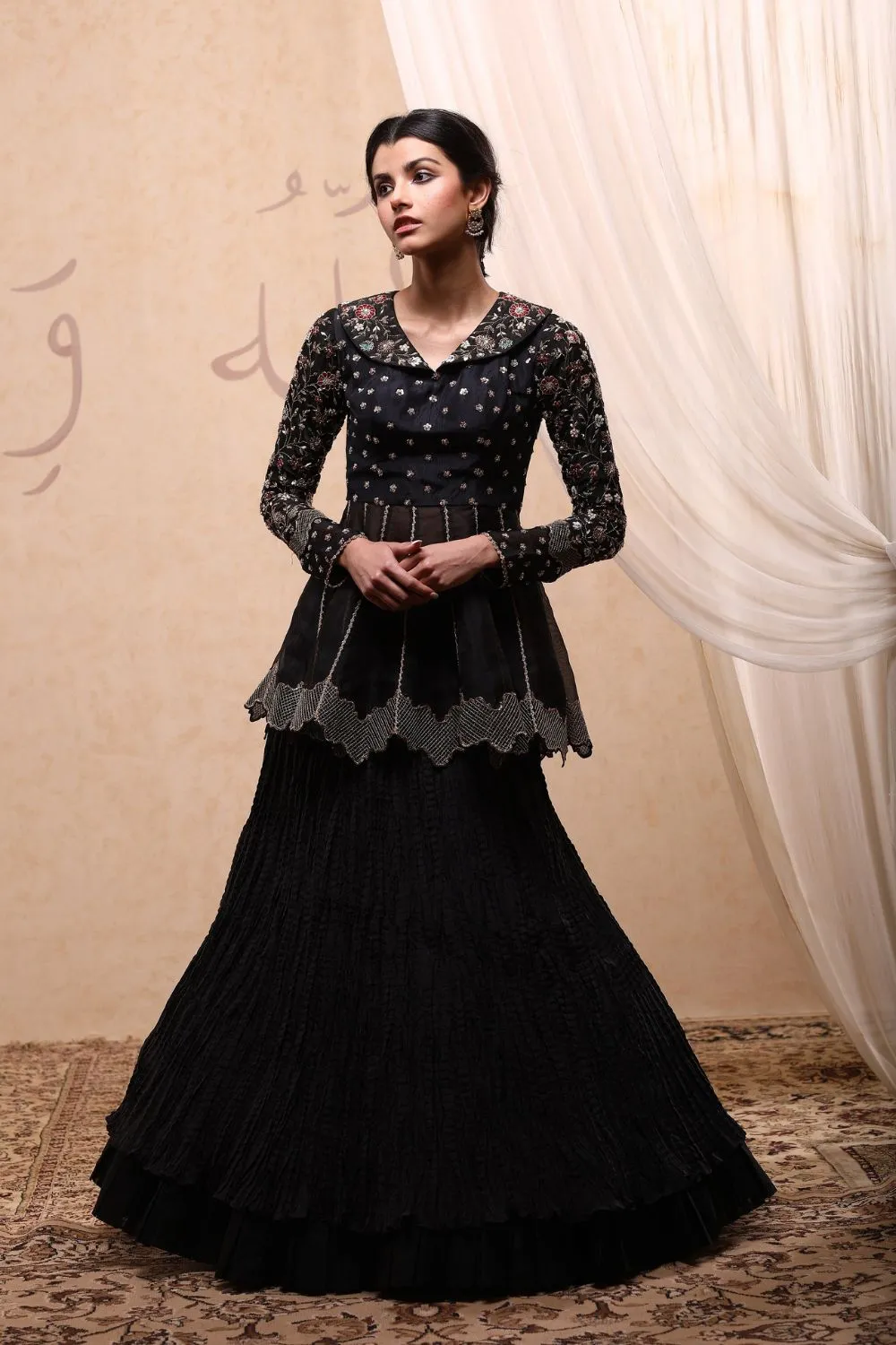 Black Embroidered Lehenga Skirt With Peplum Top