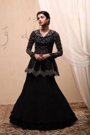 Black Embroidered Lehenga Skirt With Peplum Top