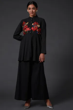 Black Embroidered Peplum Top With Palazzo