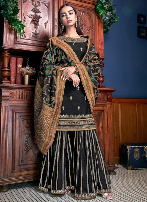 Black Golden Embroidered Silk Palazzo Pant Suit