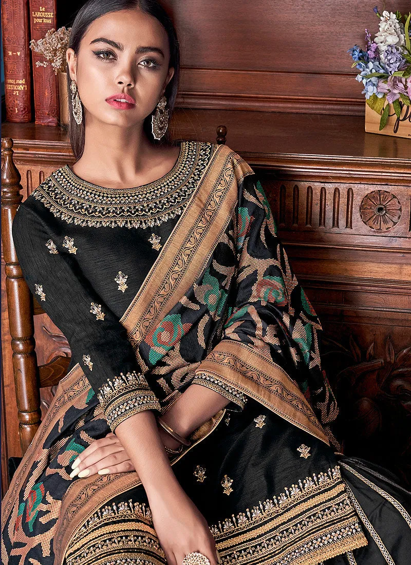 Black Golden Embroidered Silk Palazzo Pant Suit