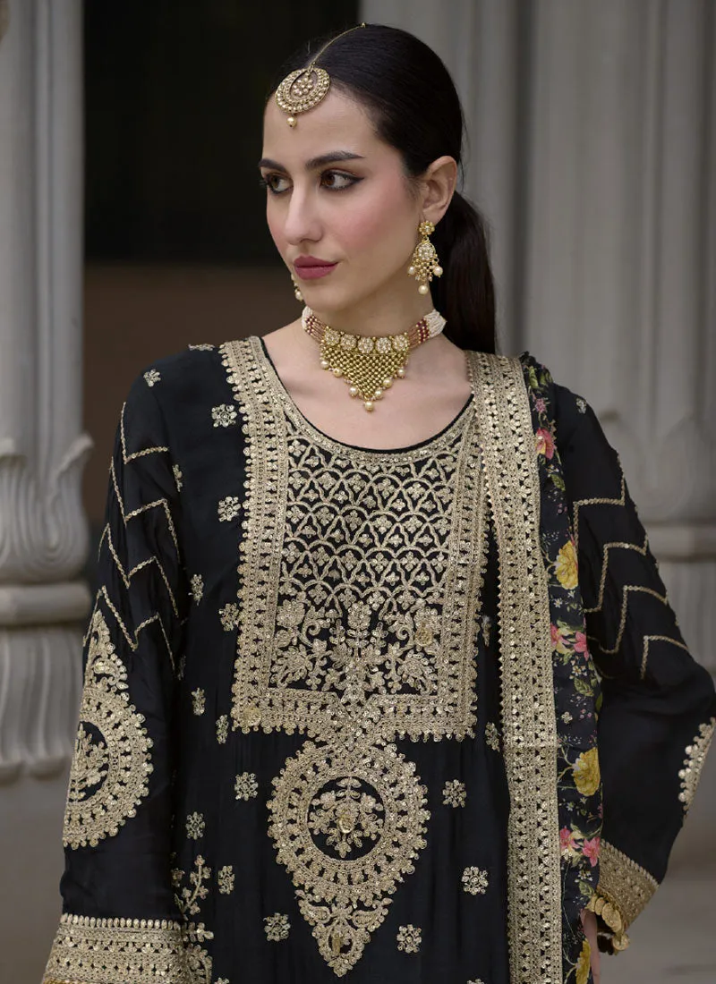 Black Golden Sequence Embroidery Festive Palazzo Suit