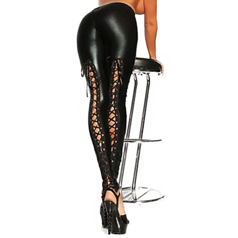 Black Gothic Punk Rock Pants Bandage Lace Up Women PU Faux Leather Leggings