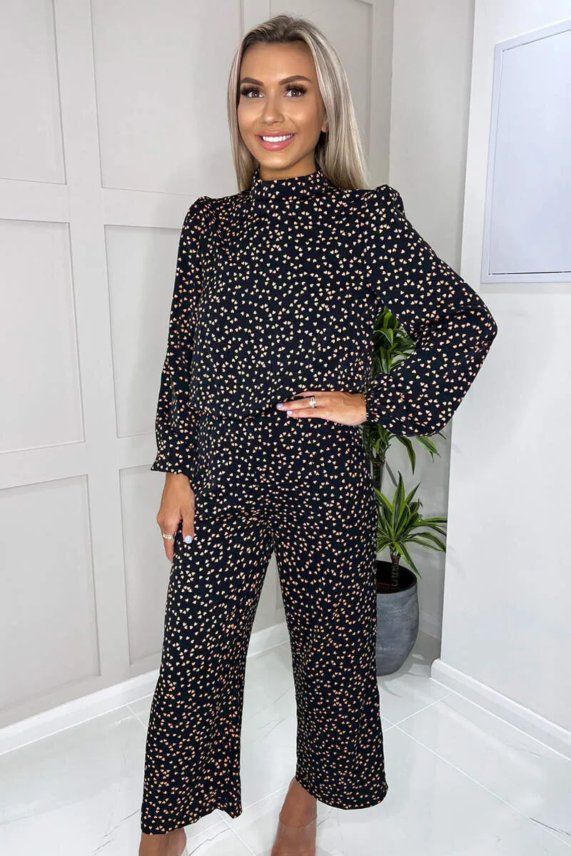 Black Heart Printed Long Sleeve Jumpsuit