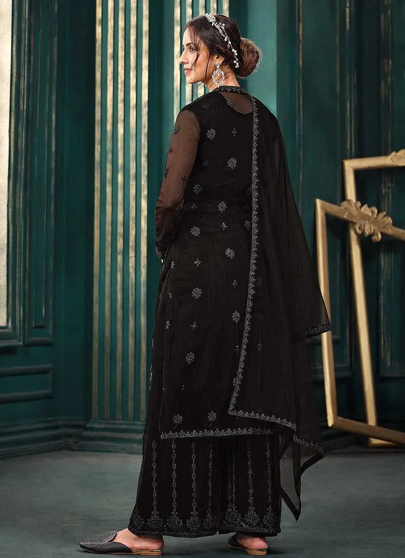Black Heavy Embroidered Jacket Style Palazzo Suit
