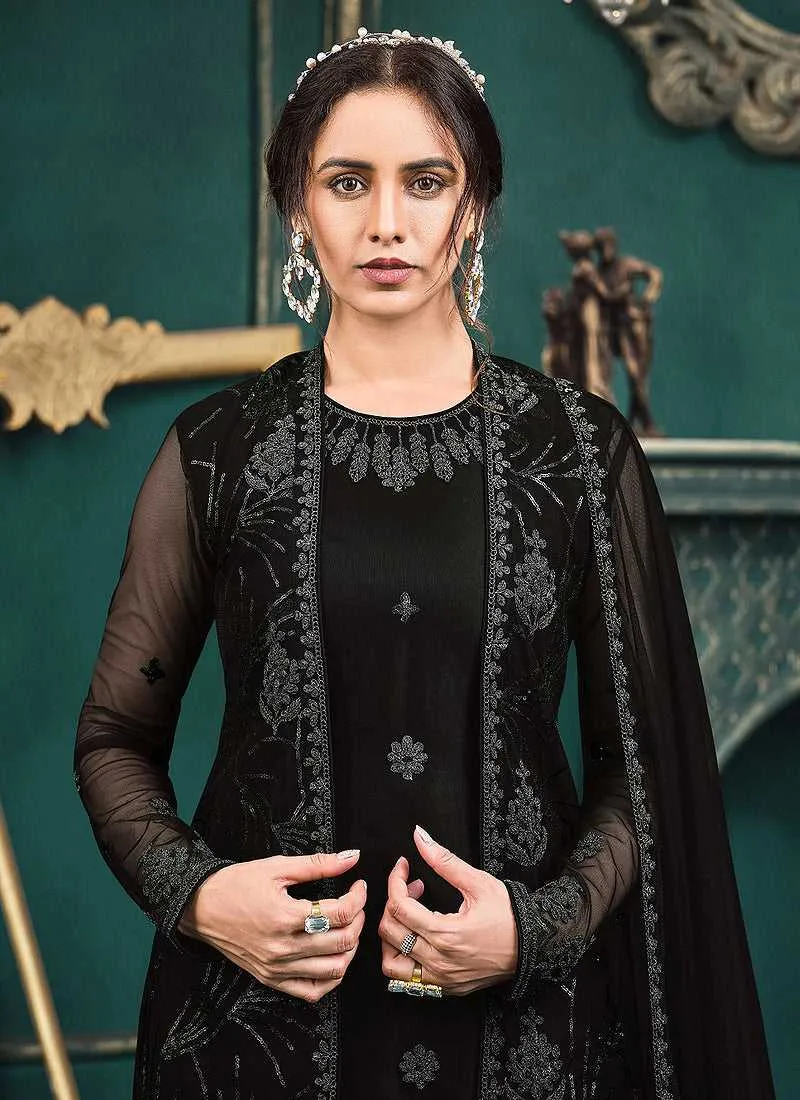 Black Heavy Embroidered Jacket Style Palazzo Suit