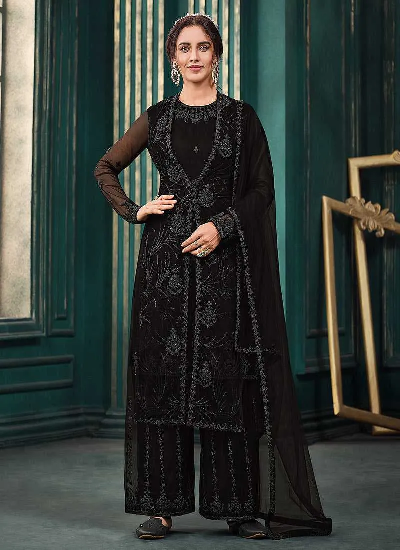 Black Heavy Embroidered Jacket Style Palazzo Suit
