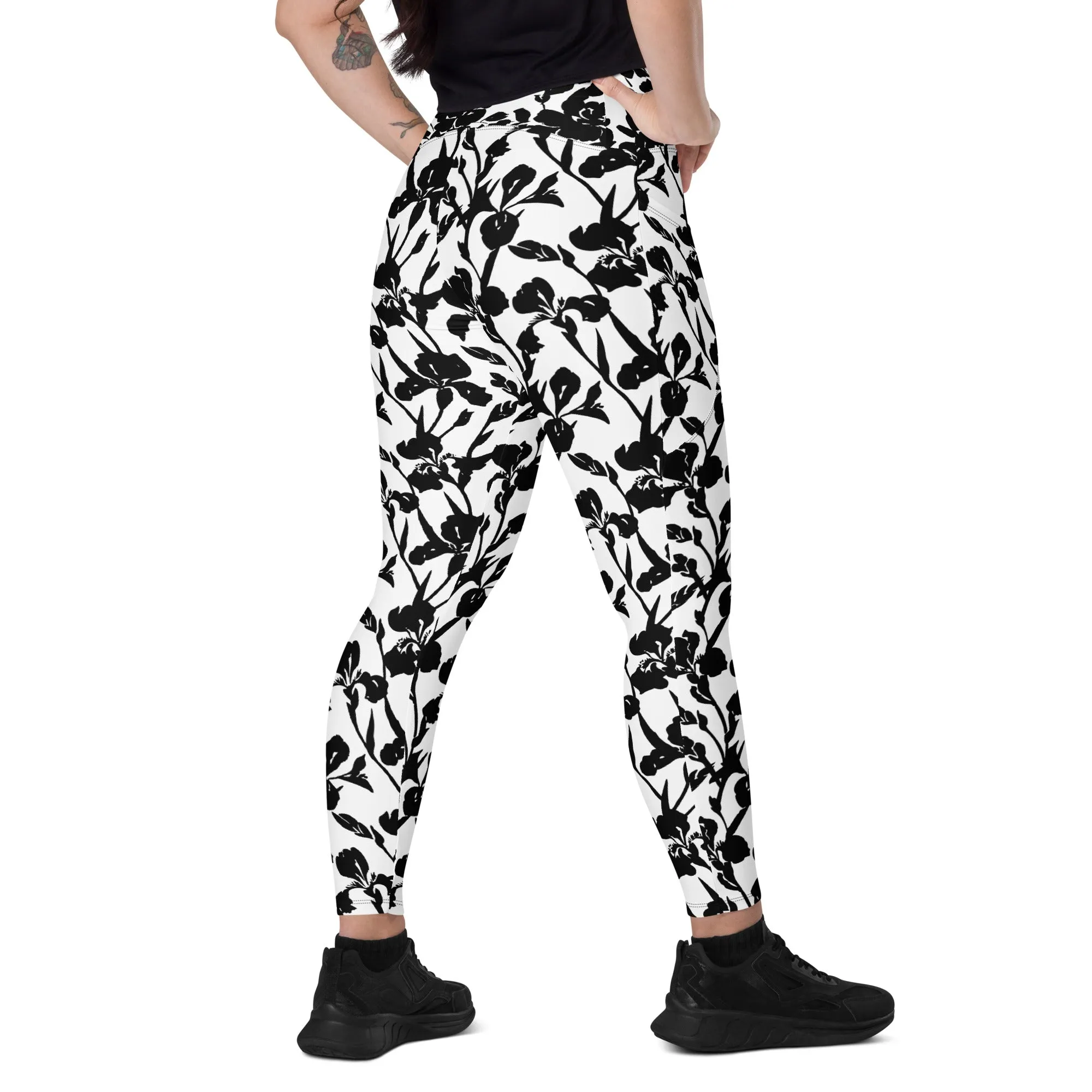Black Iris and Rose on White Leggings with pockets