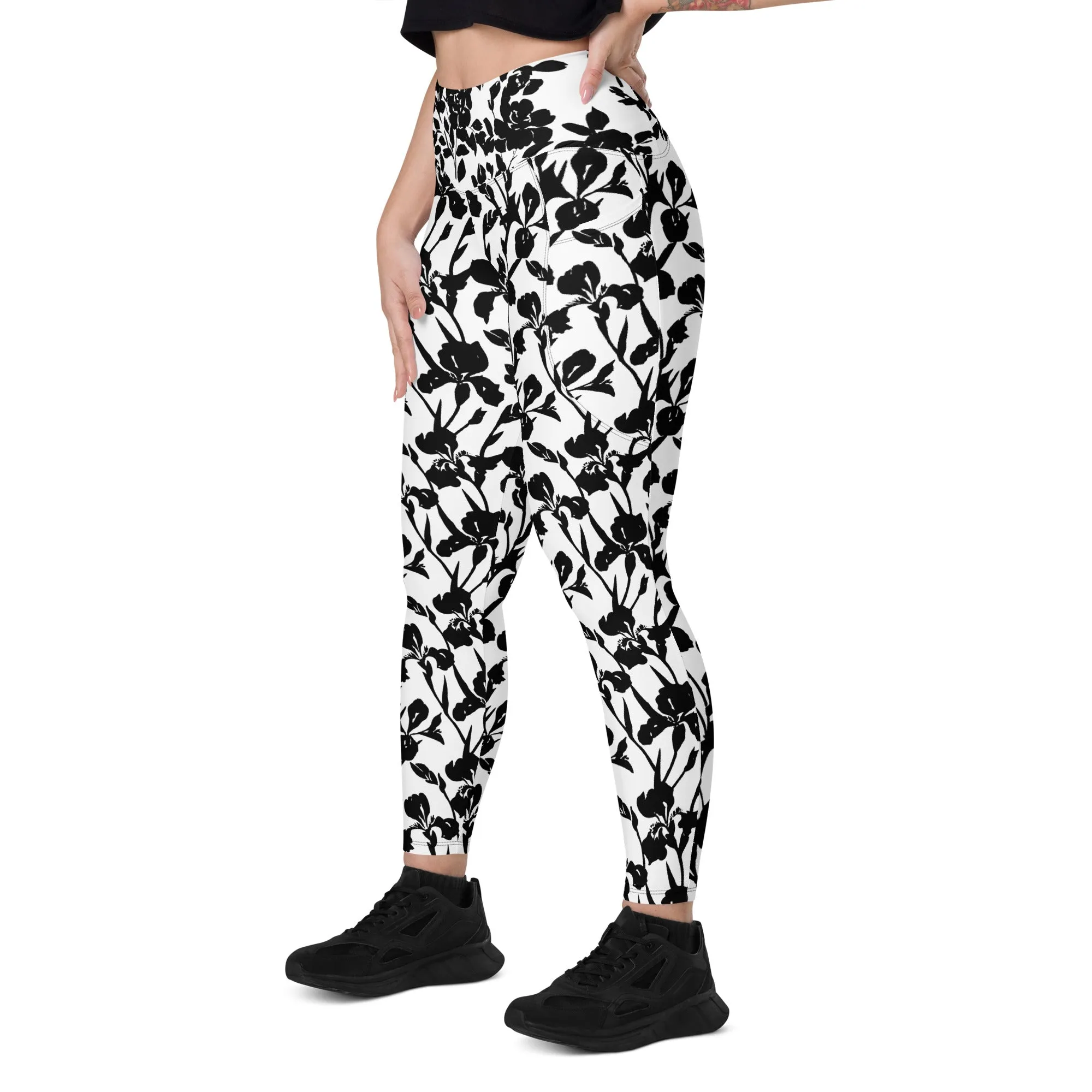 Black Iris and Rose on White Leggings with pockets