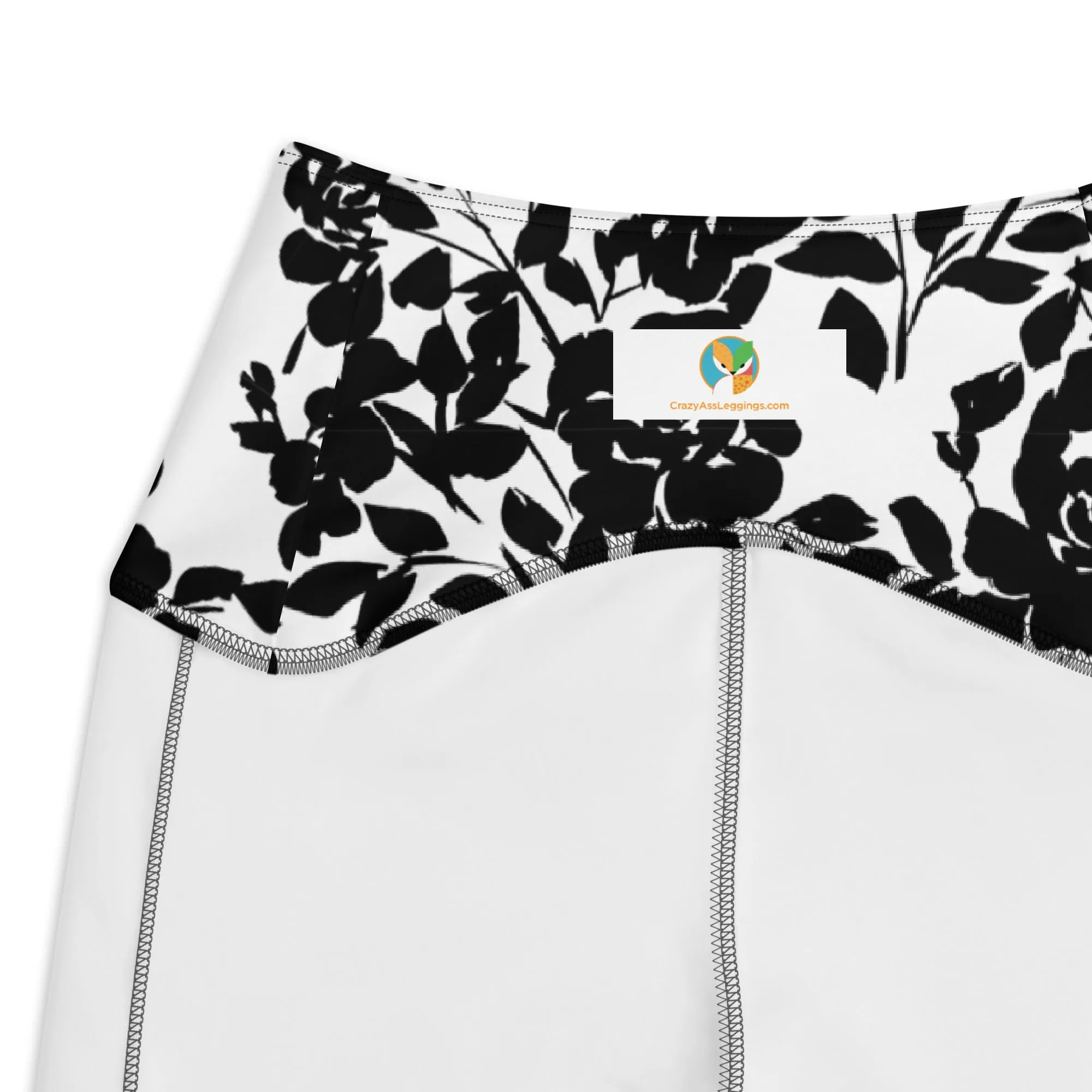 Black Iris and Rose on White Leggings with pockets