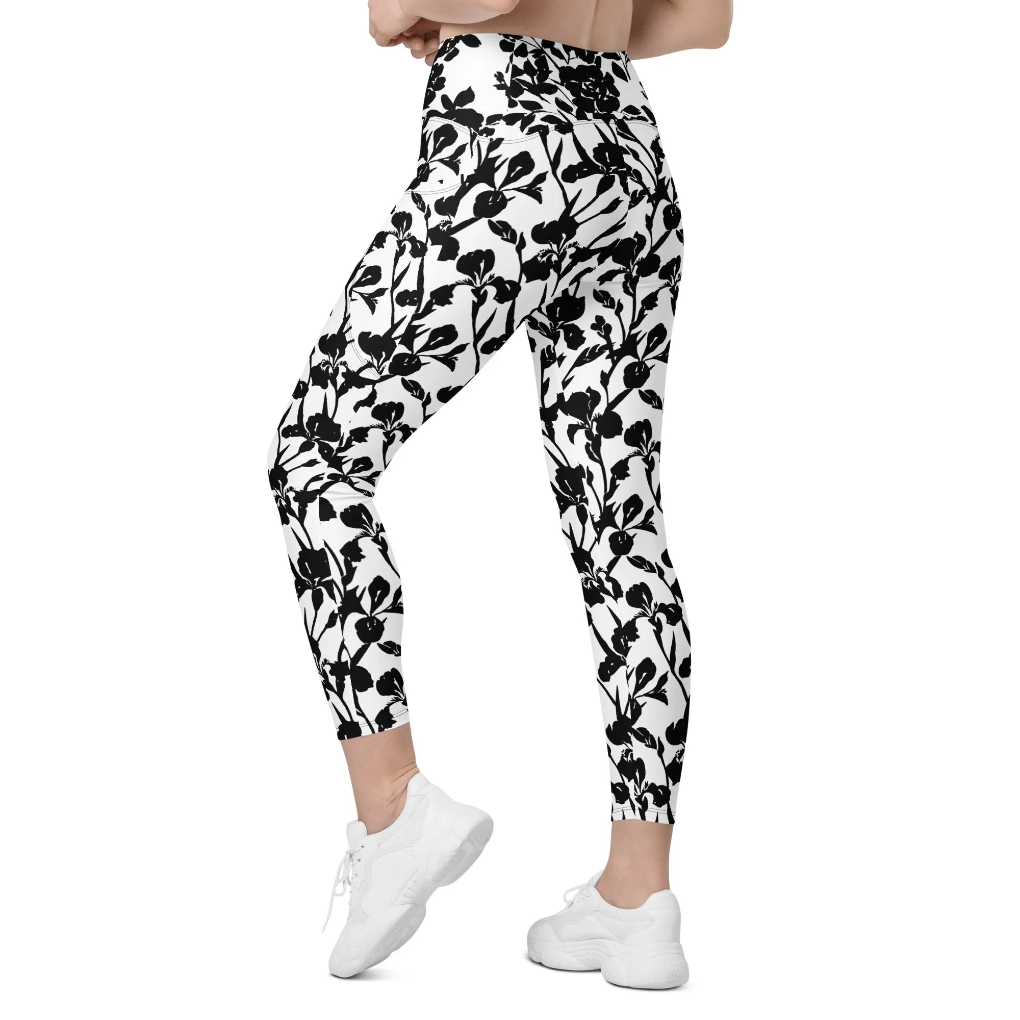 Black Iris and Rose on White Leggings with pockets