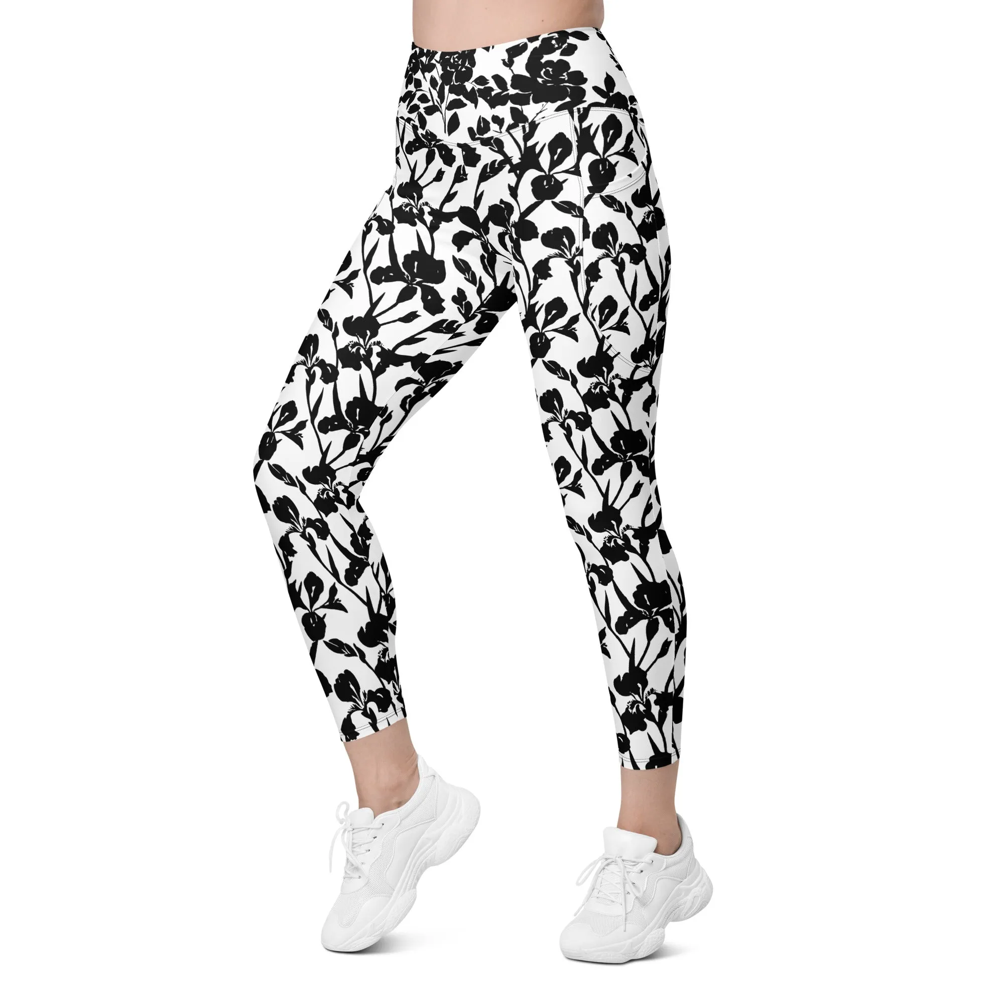 Black Iris and Rose on White Leggings with pockets