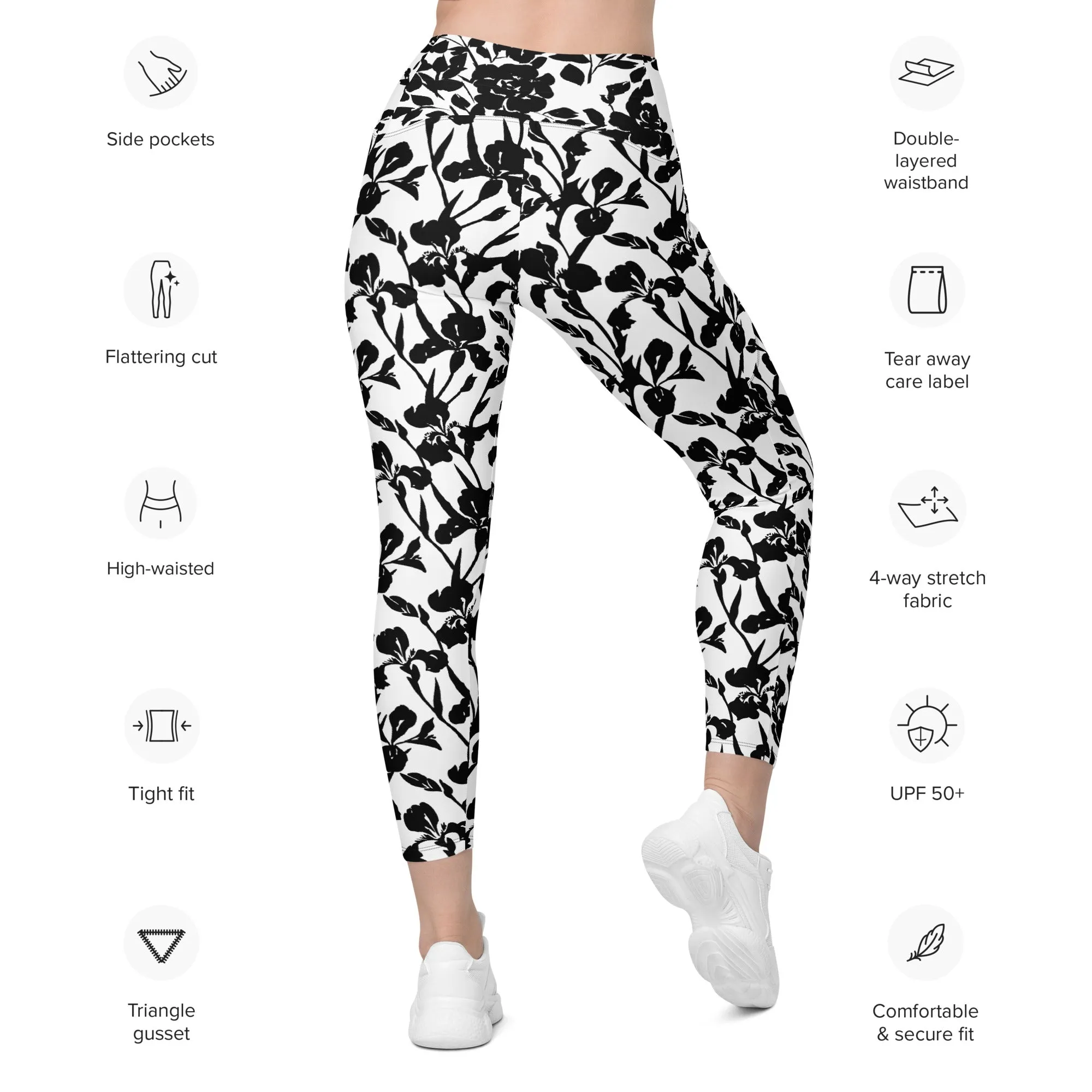 Black Iris and Rose on White Leggings with pockets