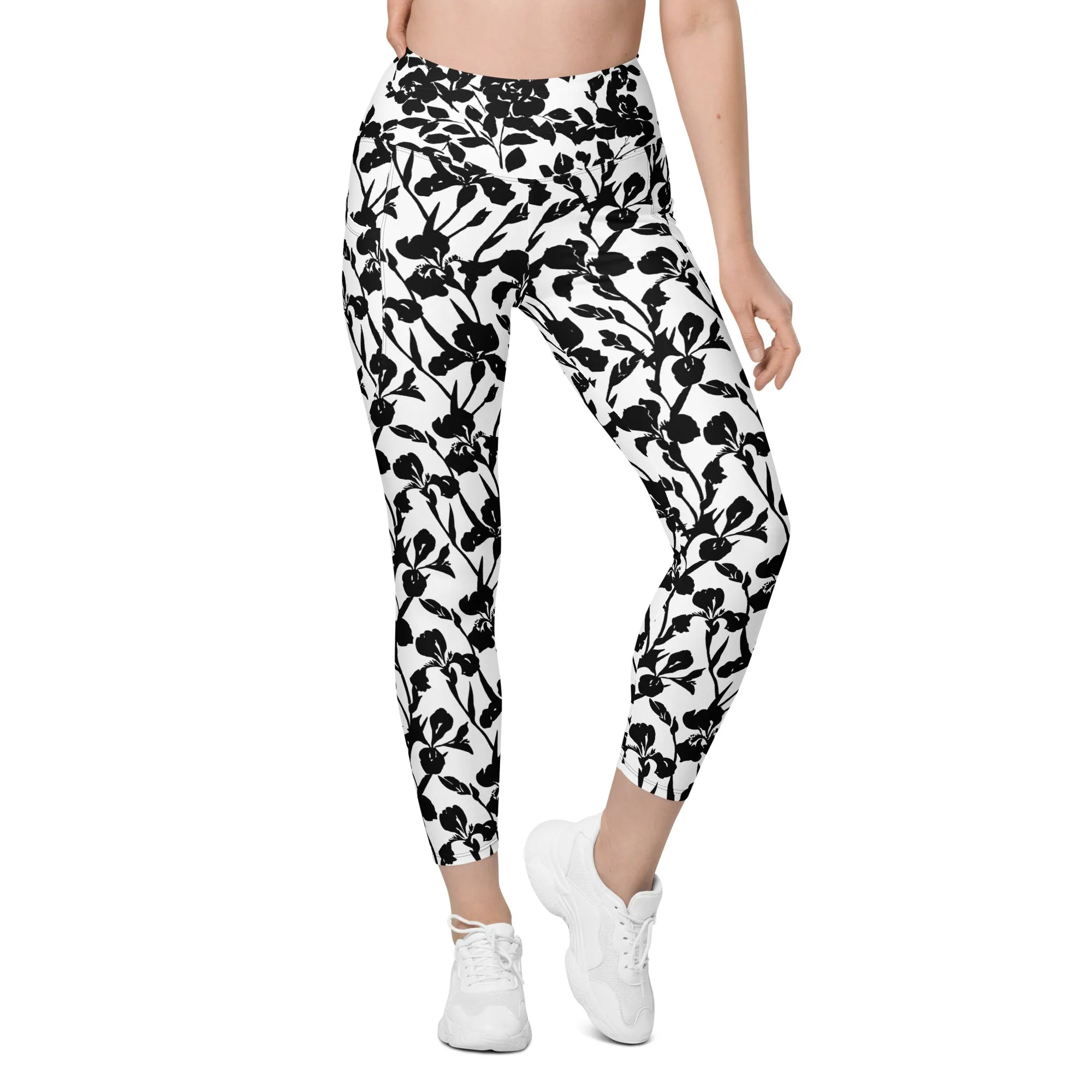Black Iris and Rose on White Leggings with pockets