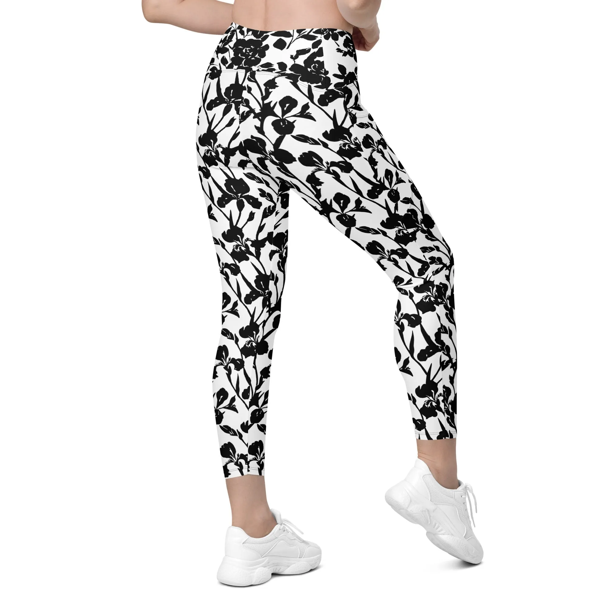 Black Iris and Rose on White Leggings with pockets