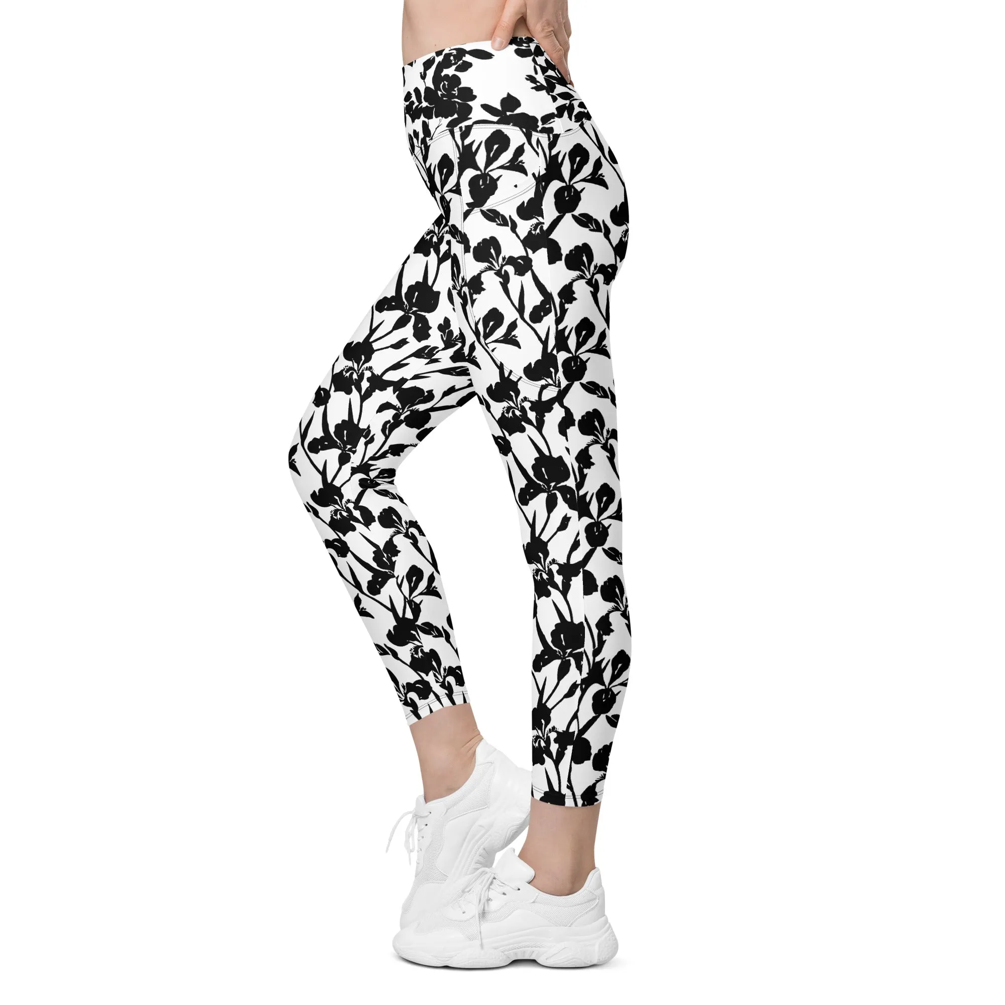 Black Iris and Rose on White Leggings with pockets