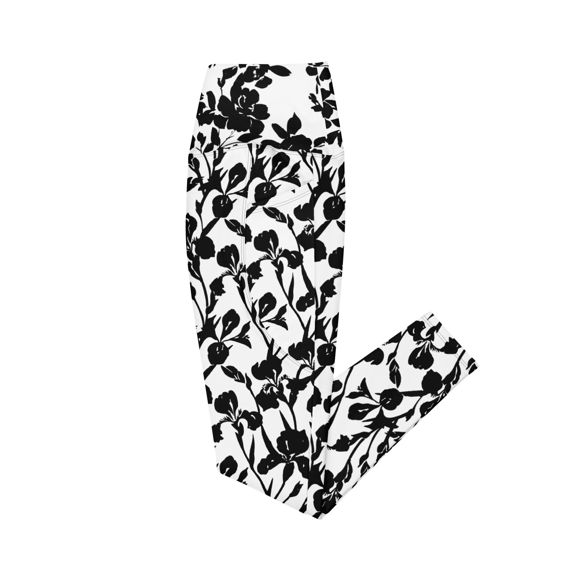 Black Iris and Rose on White Leggings with pockets