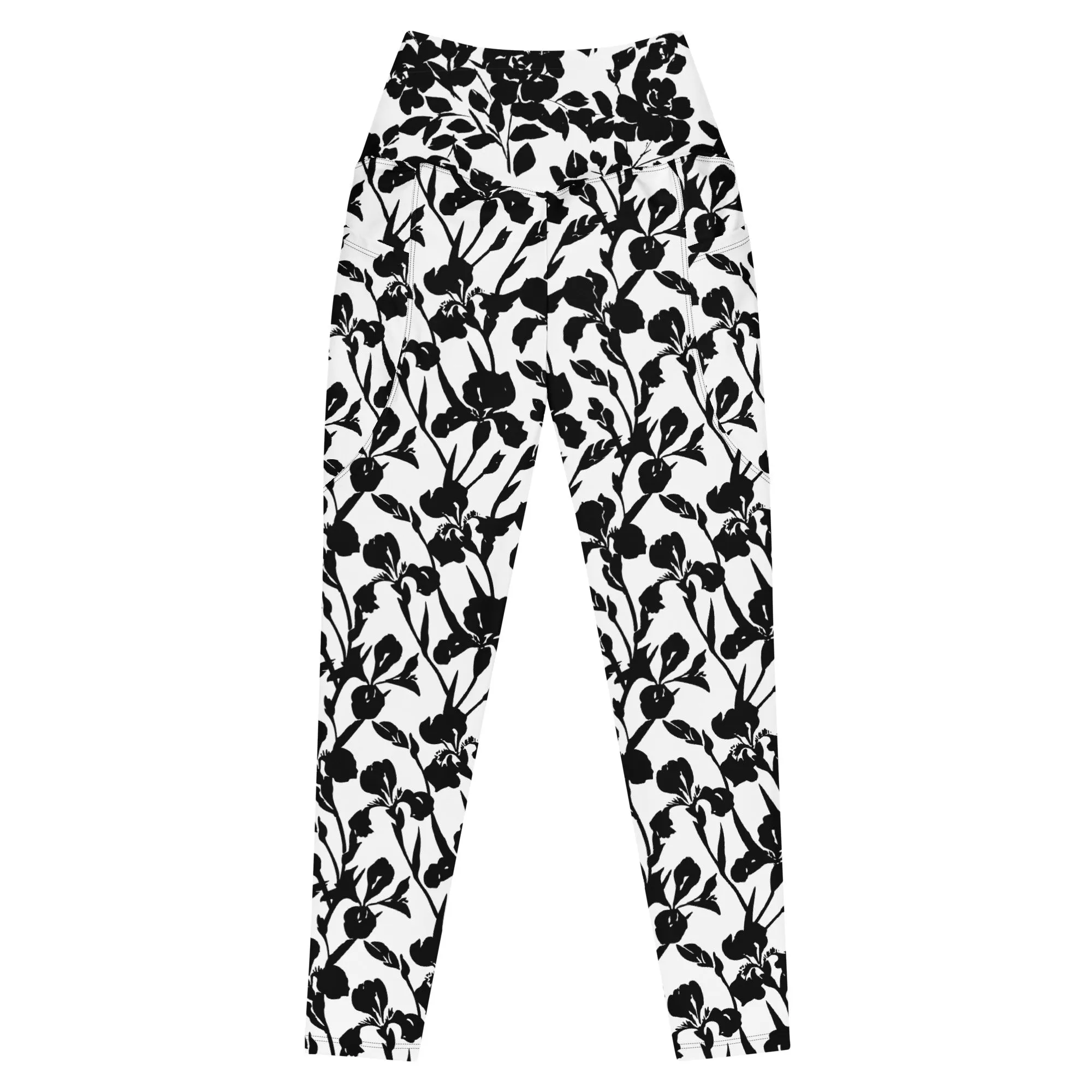 Black Iris and Rose on White Leggings with pockets