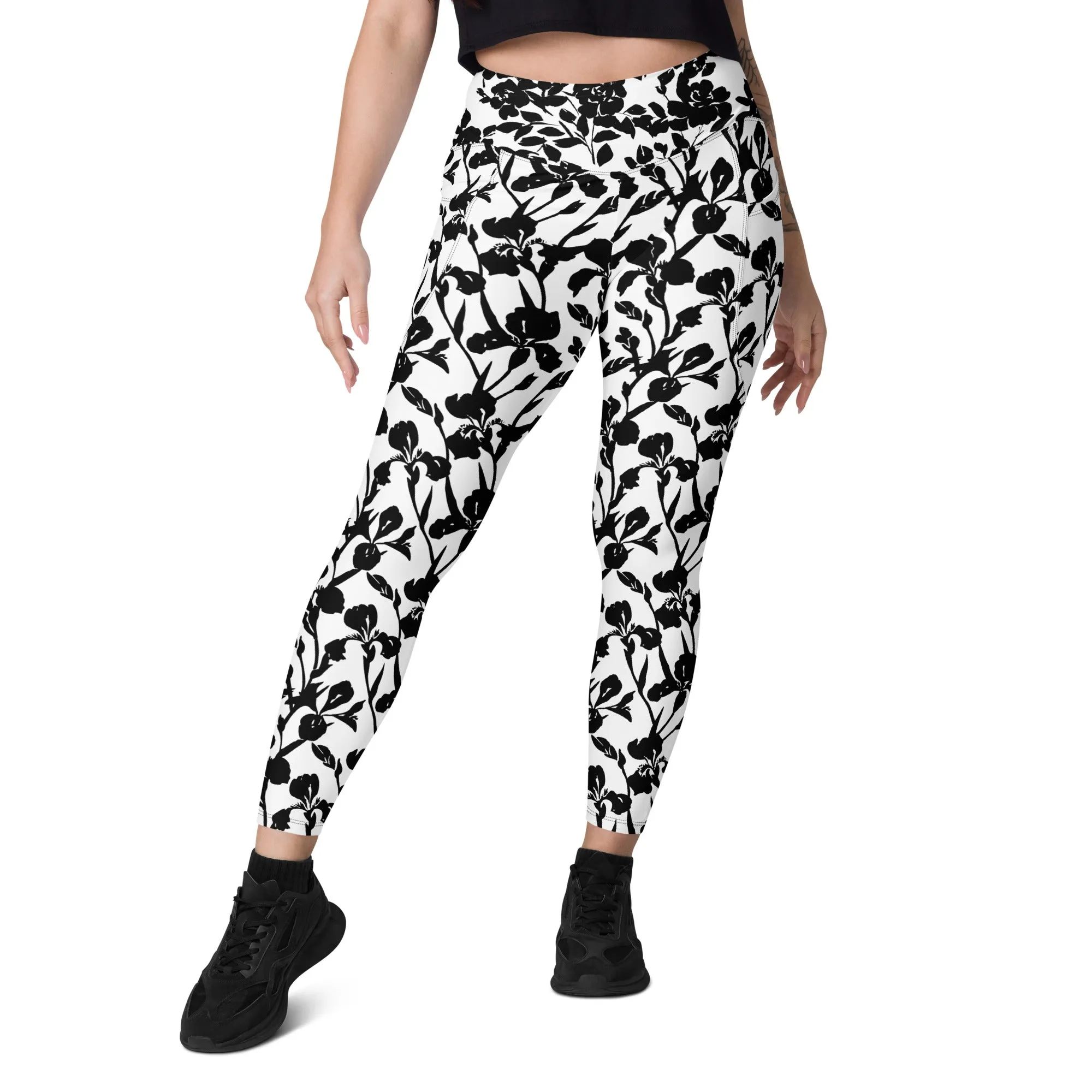 Black Iris and Rose on White Leggings with pockets