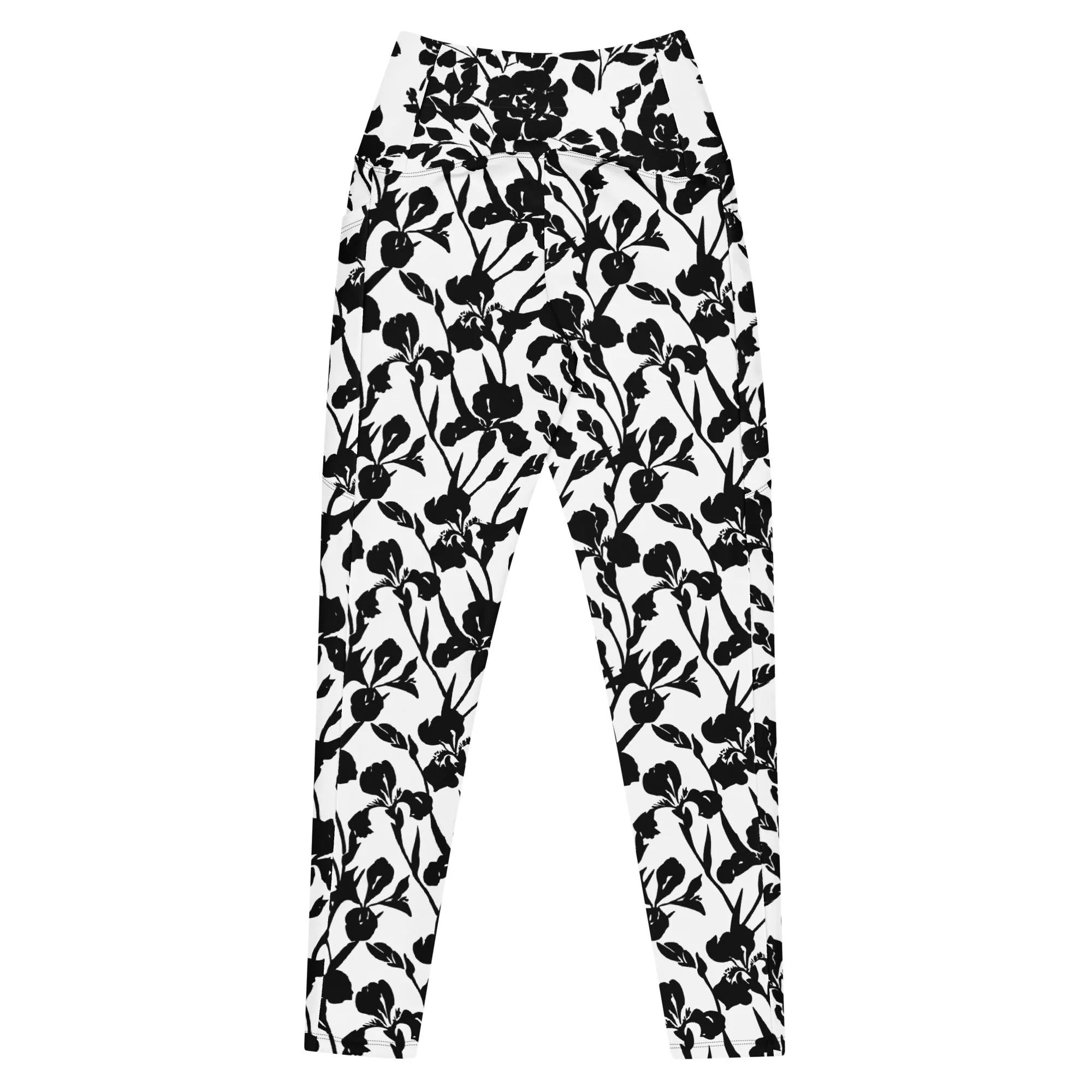 Black Iris and Rose on White Leggings with pockets