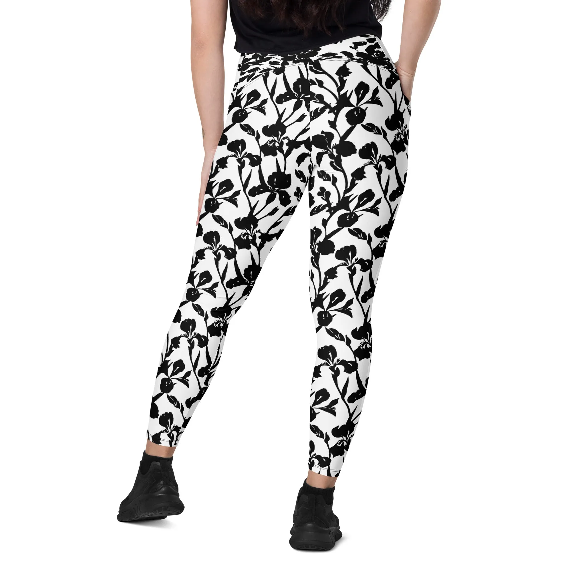 Black Iris and Rose on White Leggings with pockets