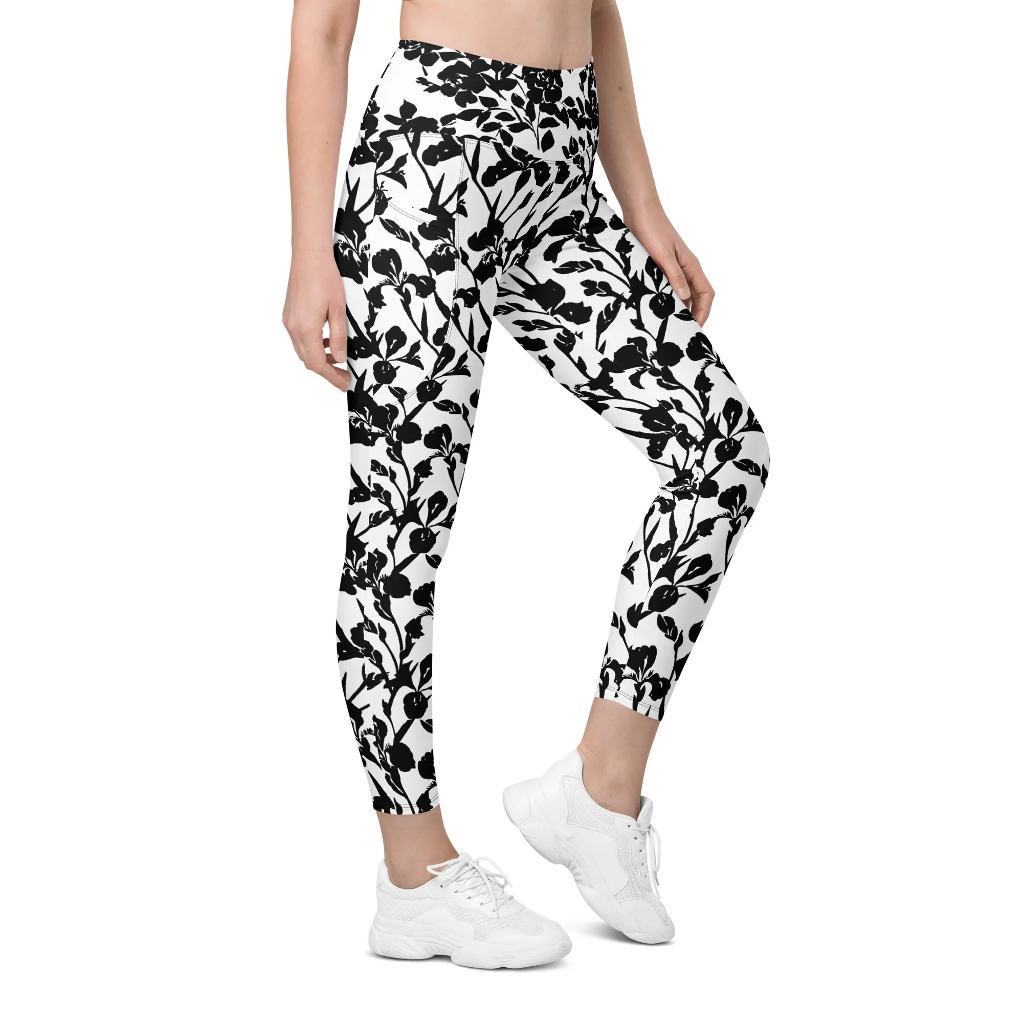 Black Iris and Rose on White Leggings with pockets