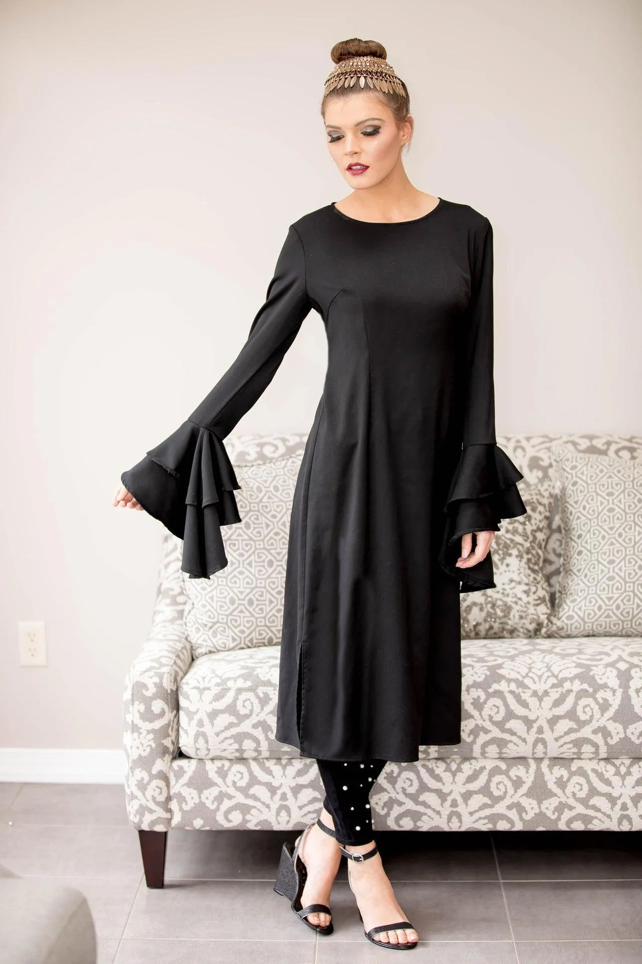 Black Petals Midi Dress