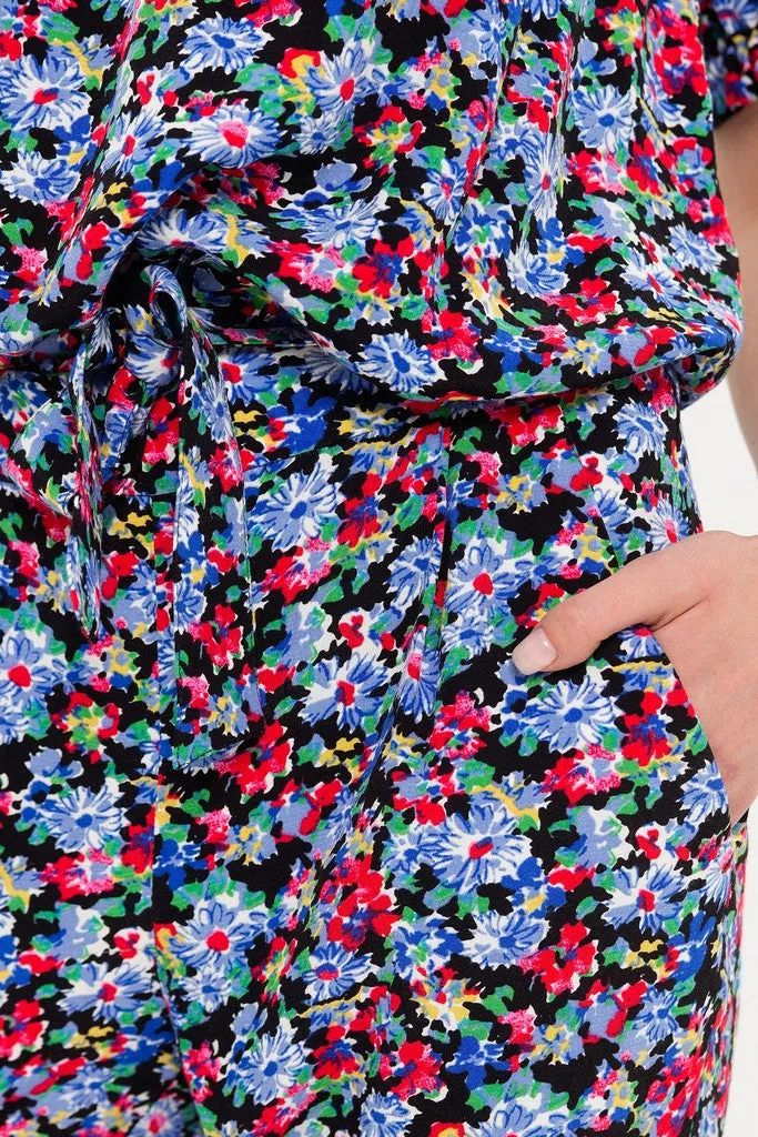 Black, Red, Blue Summer Day Off The Shoulder Elbow Sleeve Printed Jumpsuit with Pockets