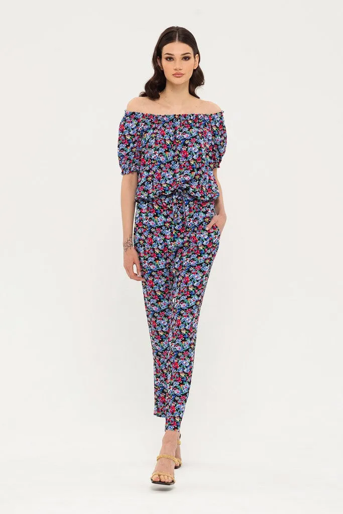 Black, Red, Blue Summer Day Off The Shoulder Elbow Sleeve Printed Jumpsuit with Pockets