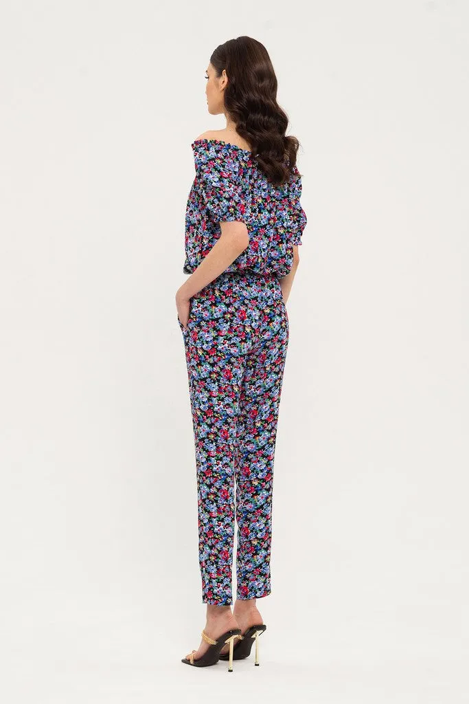 Black, Red, Blue Summer Day Off The Shoulder Elbow Sleeve Printed Jumpsuit with Pockets