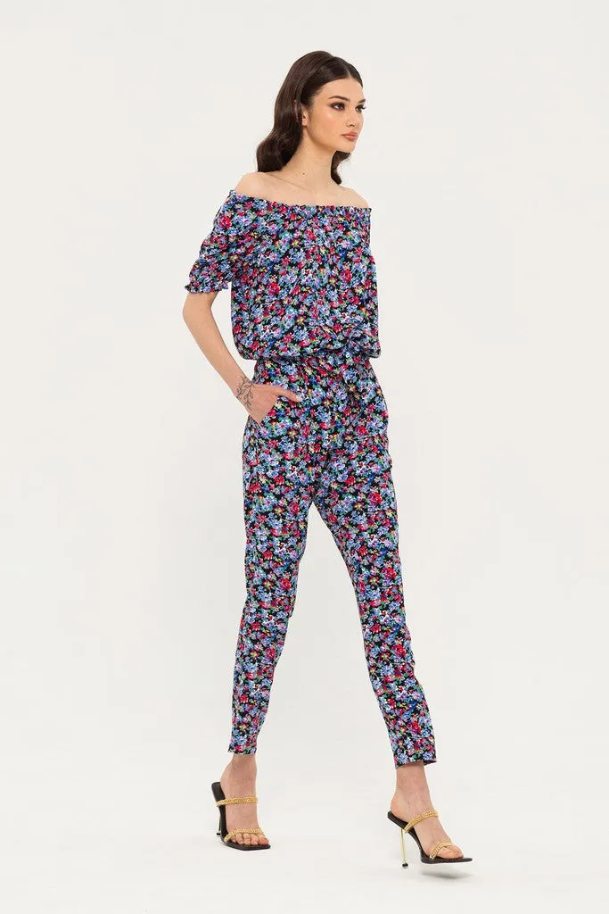 Black, Red, Blue Summer Day Off The Shoulder Elbow Sleeve Printed Jumpsuit with Pockets