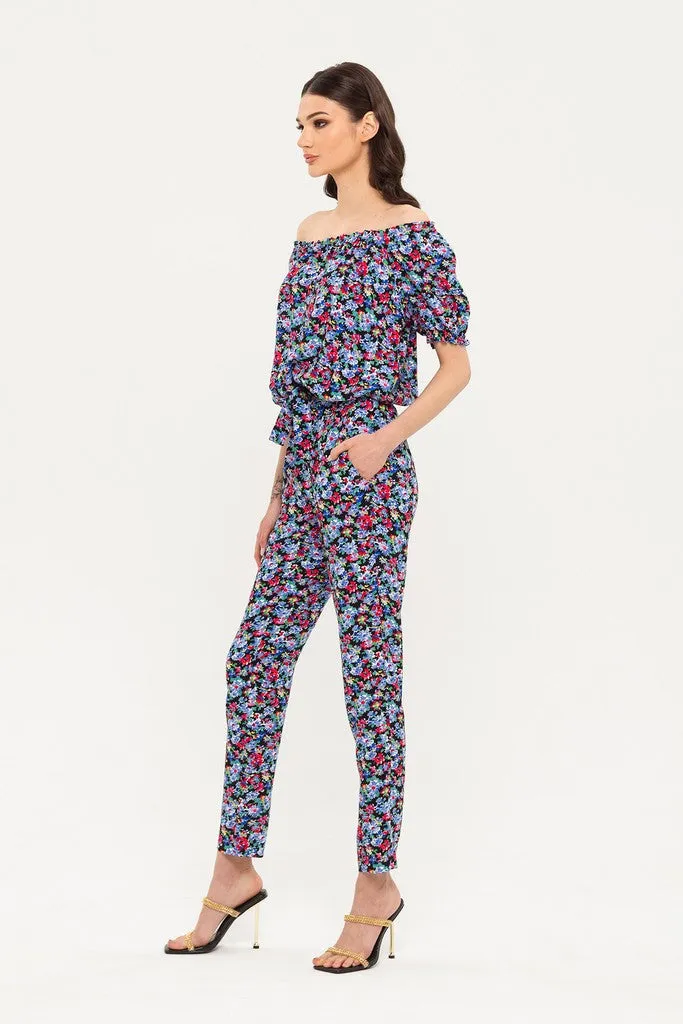 Black, Red, Blue Summer Day Off The Shoulder Elbow Sleeve Printed Jumpsuit with Pockets