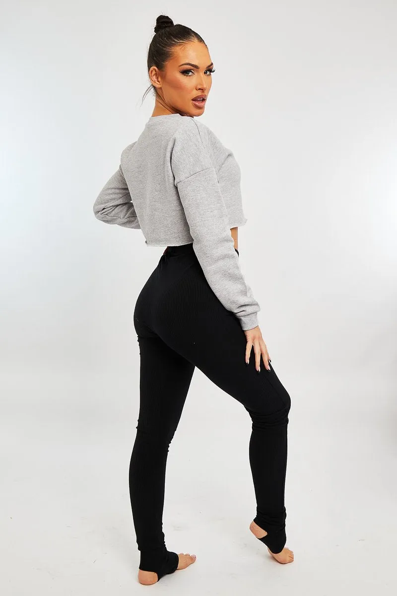Black Ribbed Fabric Stirrup Leggings - Jayne