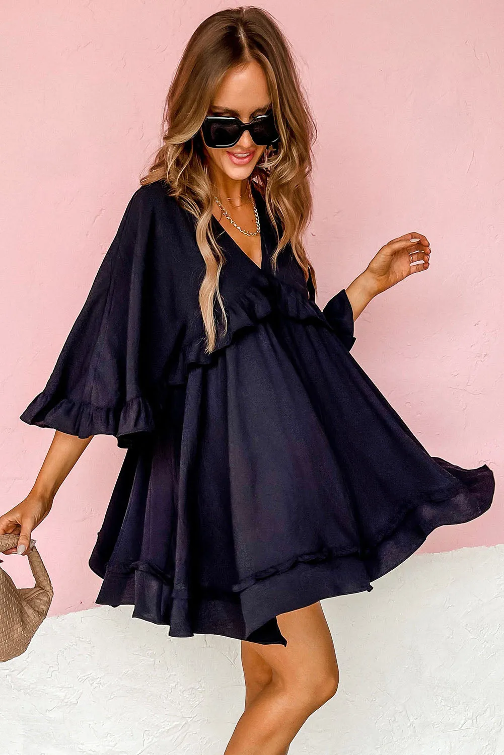 Black Ruffled 3/4 Sleeve V Neck Babydoll Mini Dress