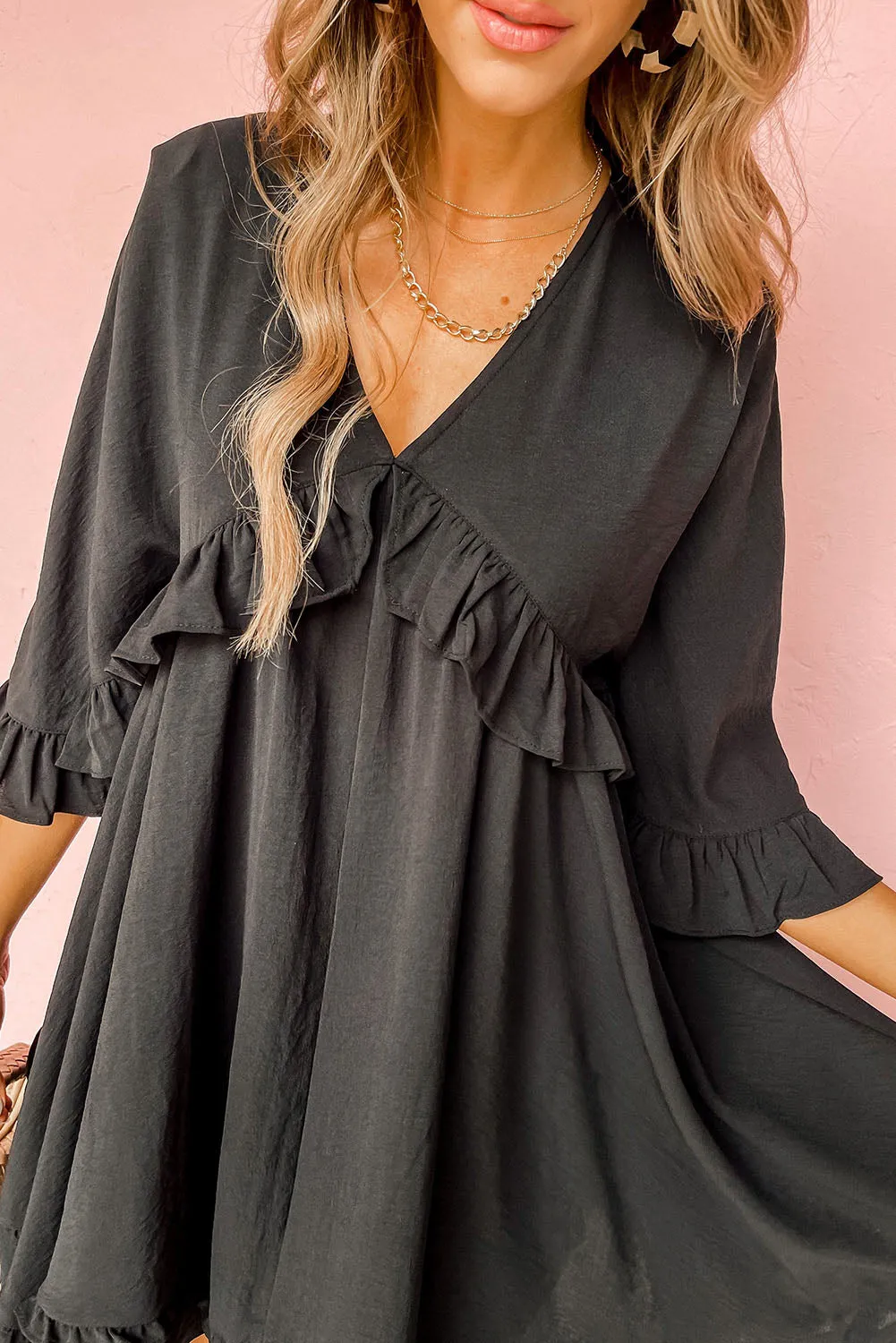 Black Ruffled 3/4 Sleeve V Neck Babydoll Mini Dress