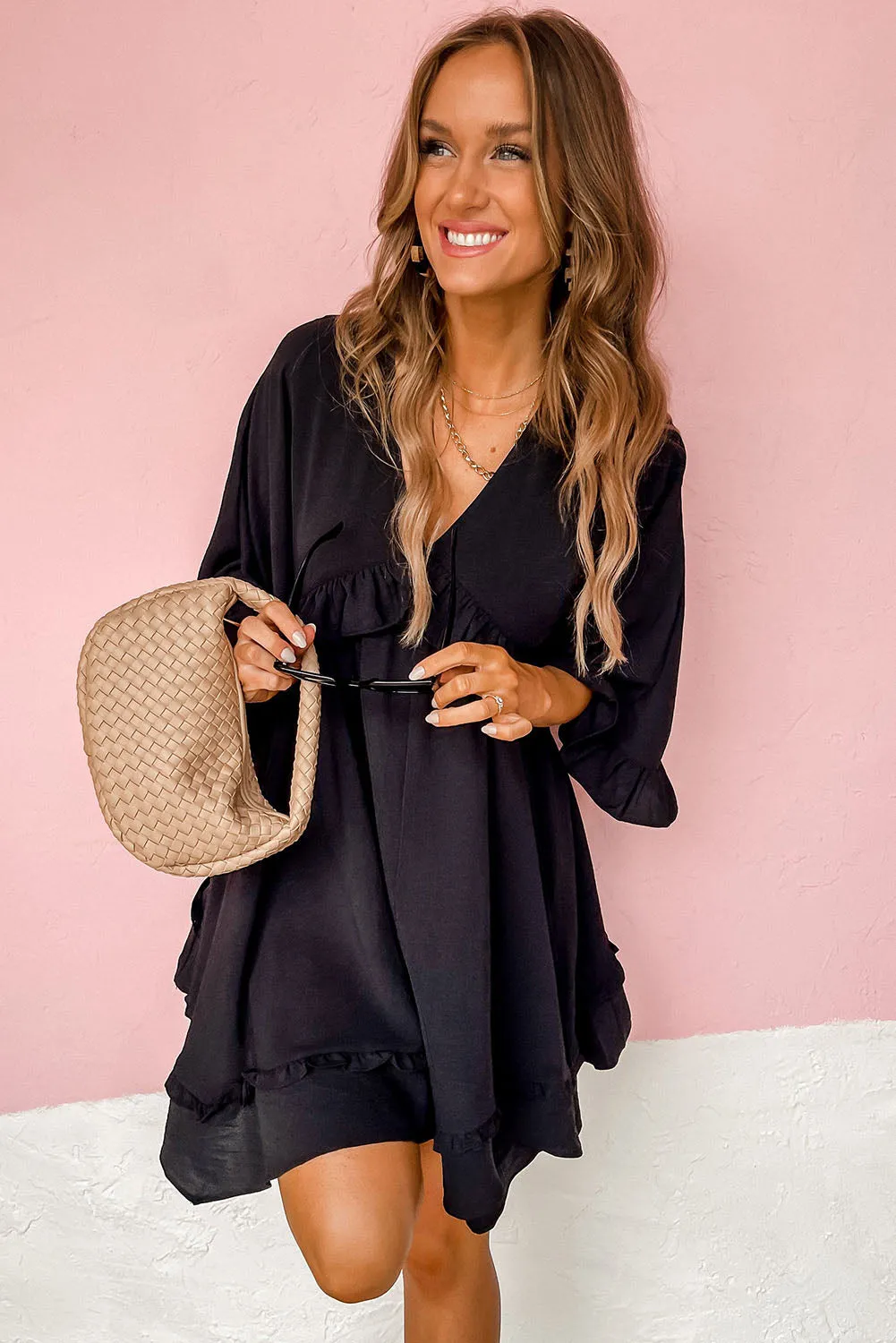 Black Ruffled 3/4 Sleeve V Neck Babydoll Mini Dress