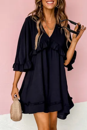 Black Ruffled 3/4 Sleeve V Neck Babydoll Mini Dress