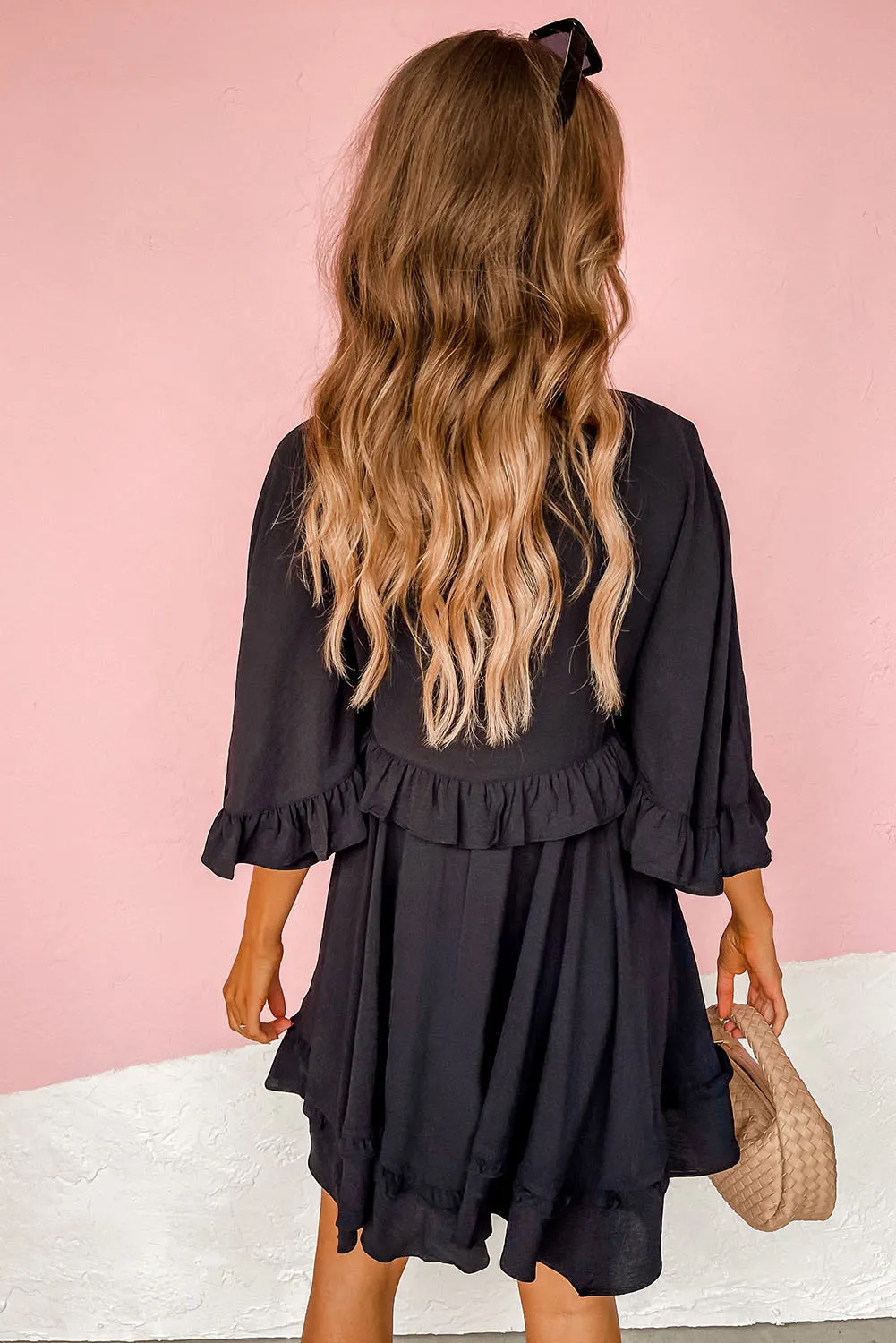 Black Ruffled 3/4 Sleeve V Neck Babydoll Mini Dress