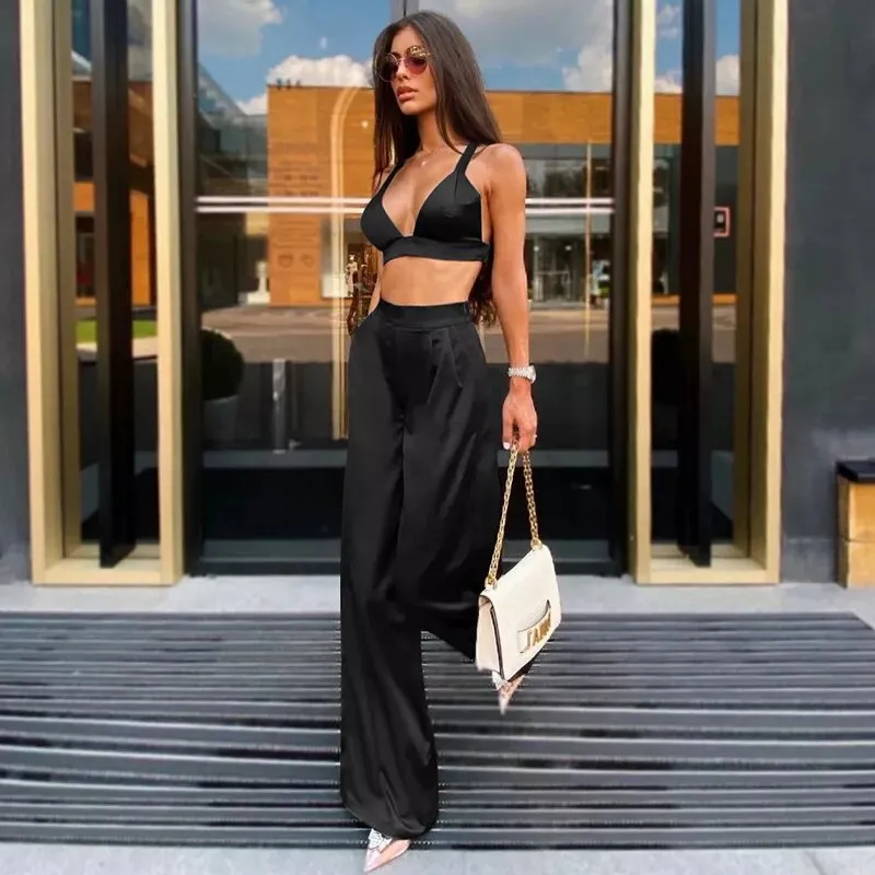 Black satin palazzo pants