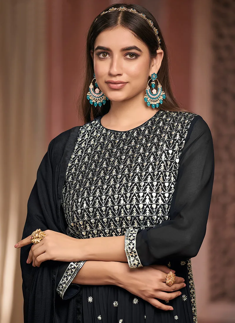 Black Sequence Embroidery Festive Palazzo Style Suit
