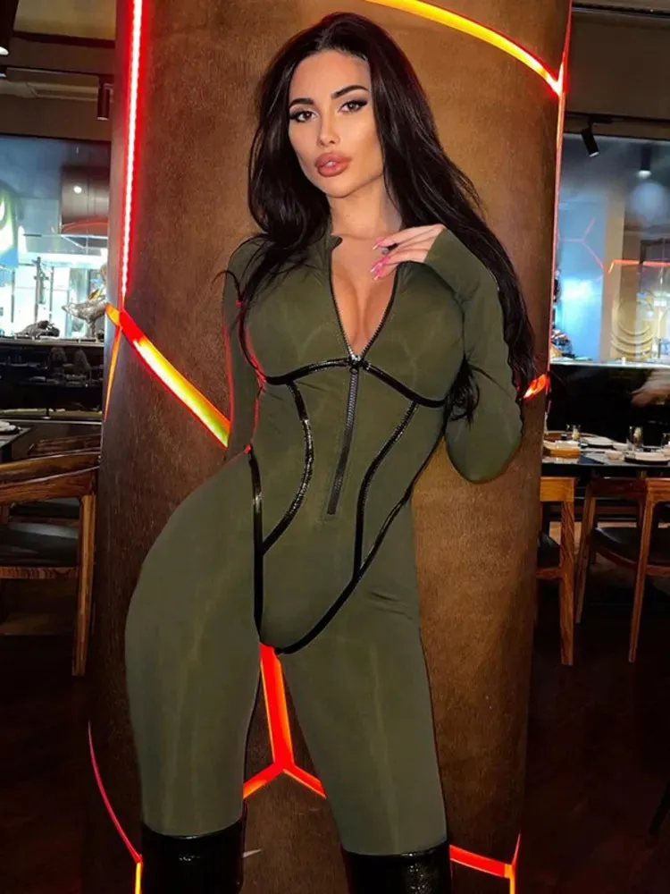 Black Sexy Skinny Jumpsuit for Women Overalls O-Neck Long Sleeve Zipper Sporty Jumpsuit Boutique Fashion Rompers Streetwear