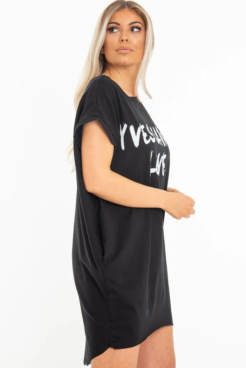 Black Yves Saint Love Printed Slogan T-Shirt Dress - Jamey