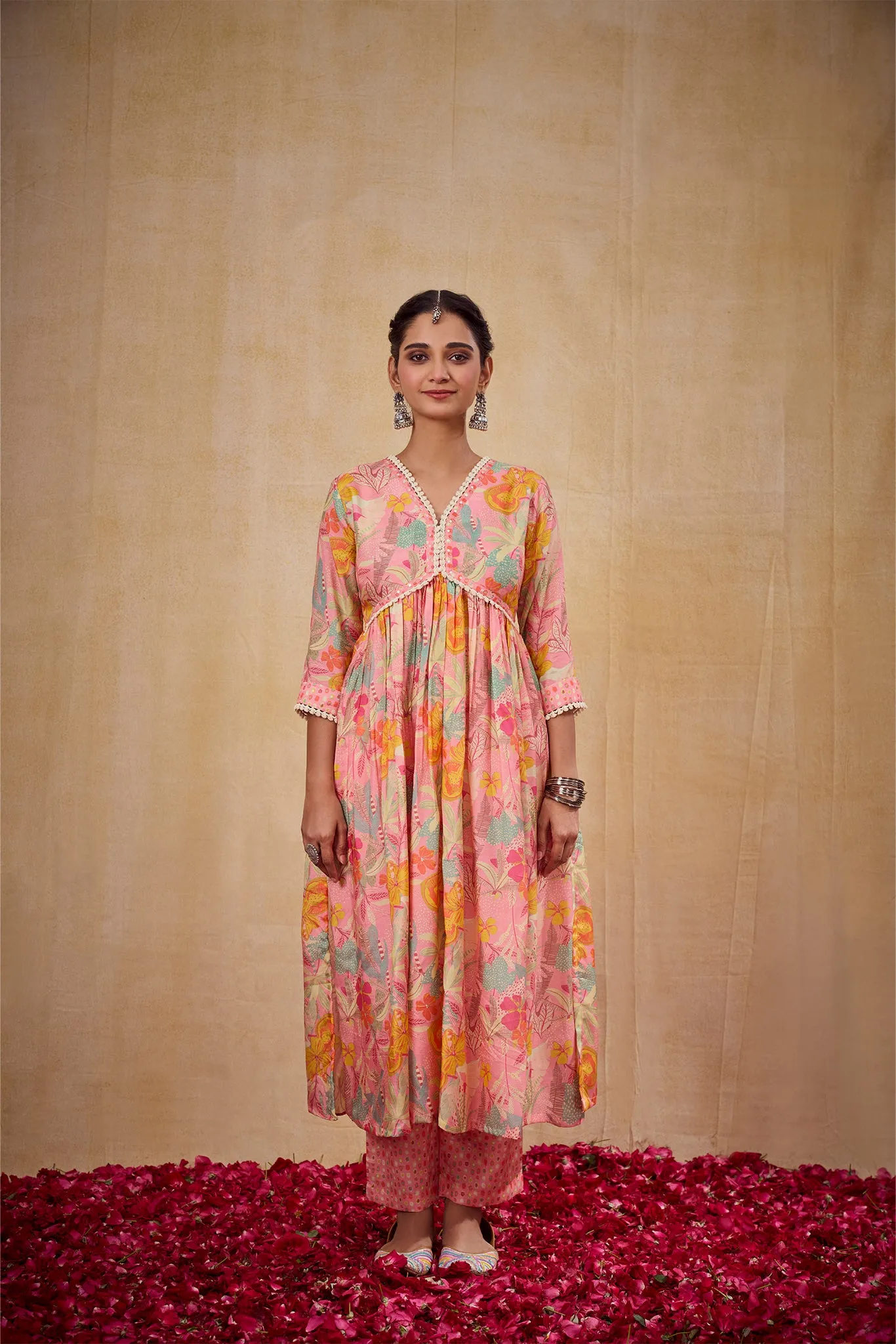 Blooming Pink Muslin Floral Printed Kurta Set with Lace