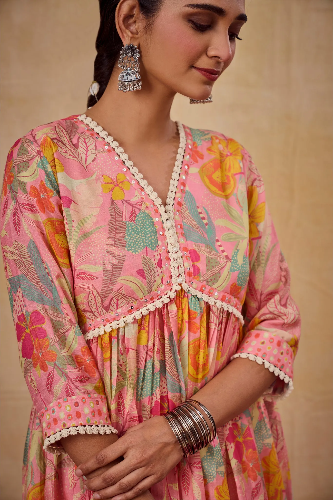 Blooming Pink Muslin Floral Printed Kurta Set with Lace
