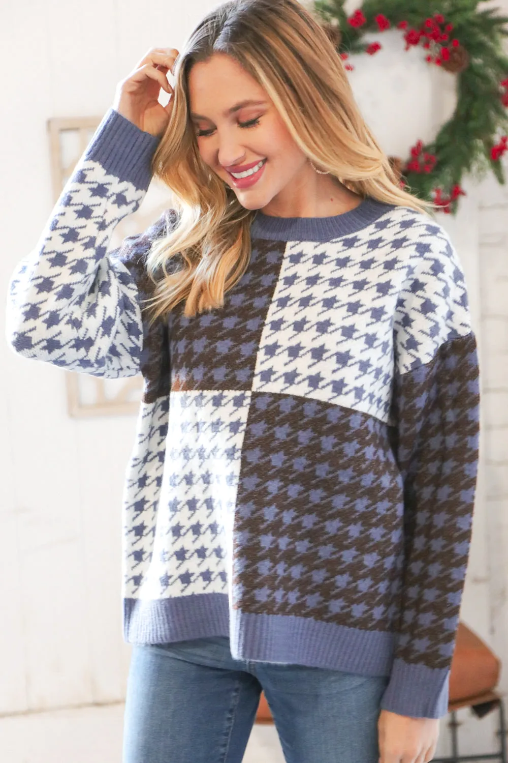 Blue & White Holiday Pattern Ribbed Knit Sweater